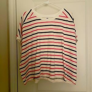 White blouse with pink and navy stripes